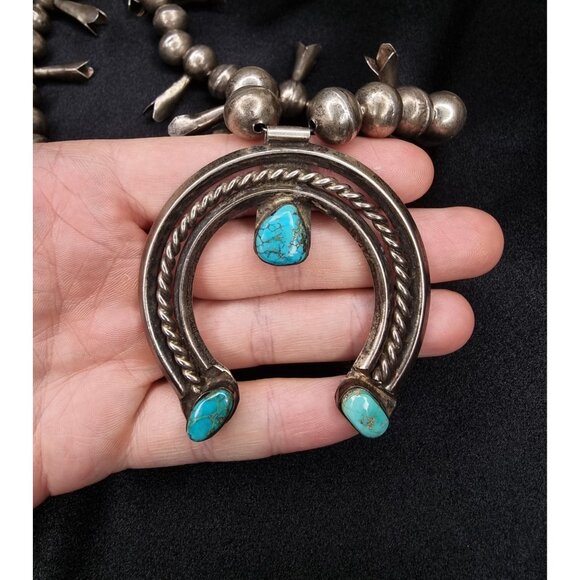 Vintage Southwest style Sterling Silver & Turquoise Squash Blossom Necklace - Picture 6 of 7